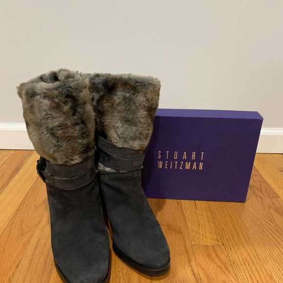 Stuart Weitzman Furstup Slate Grey suede Booties 9 Faux fur pull in buckle Heel - Picture 2 of 16